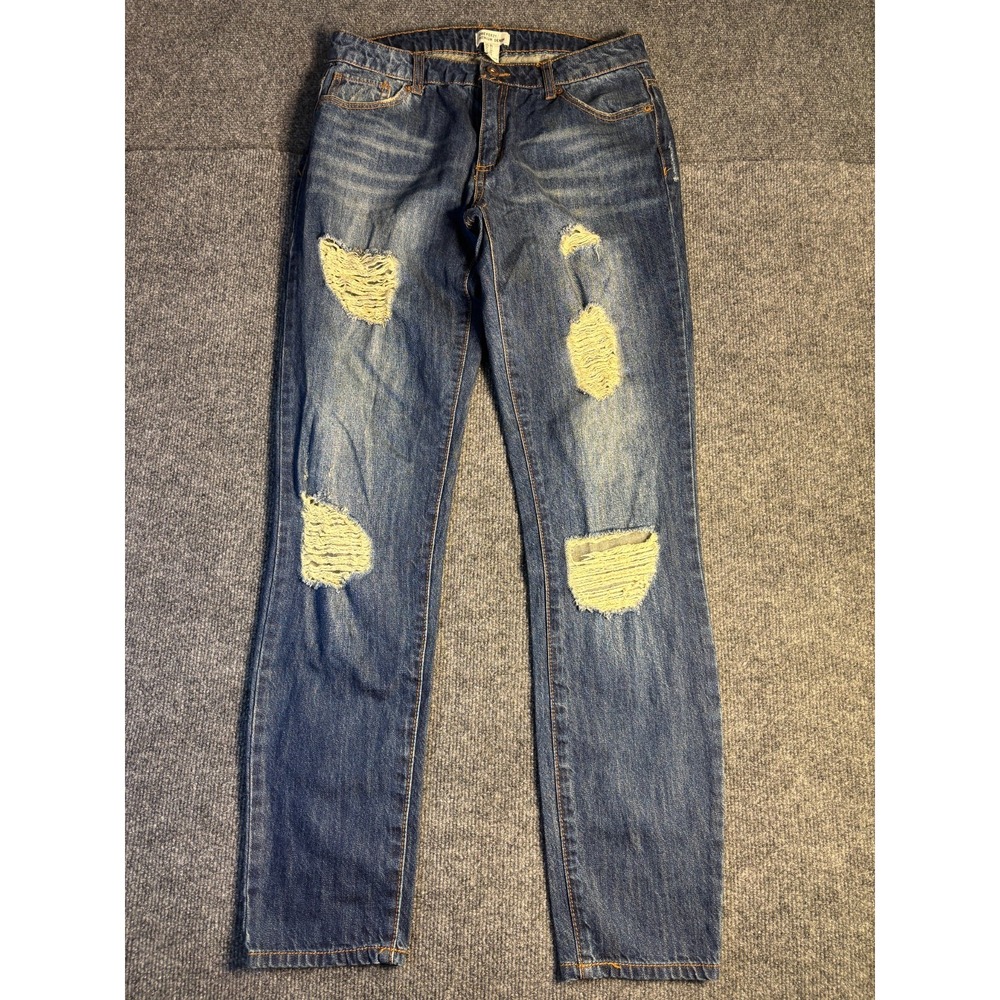 Forever 21 Jeans Women 27 Blue Denim Straight Leg Mid Rise Low Waist Distressed‎